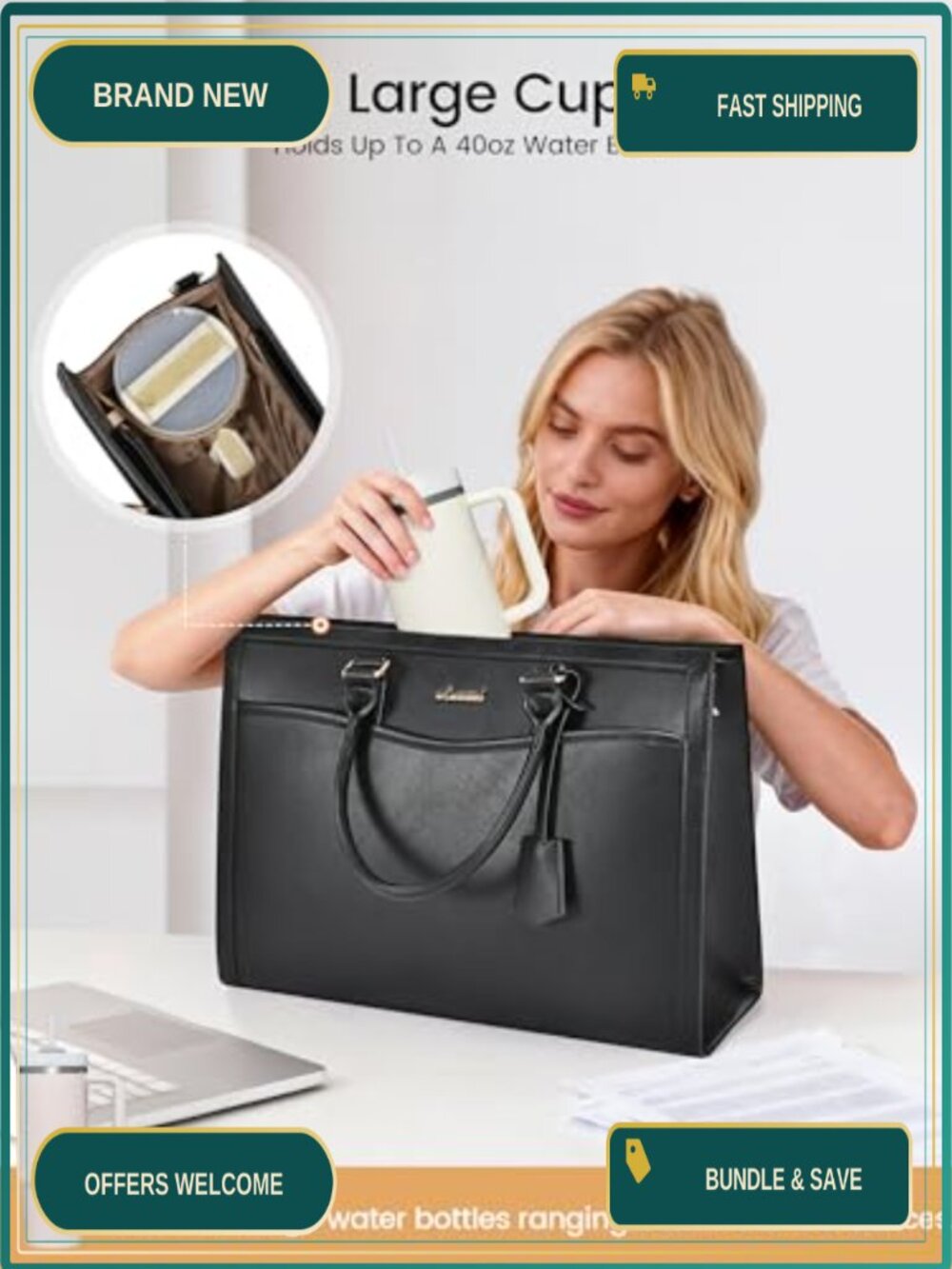 LOVEVOOK Laptop Tote Bag Large Work Computer Bag with Cup Holder PU Leather - Picture 4 of 6